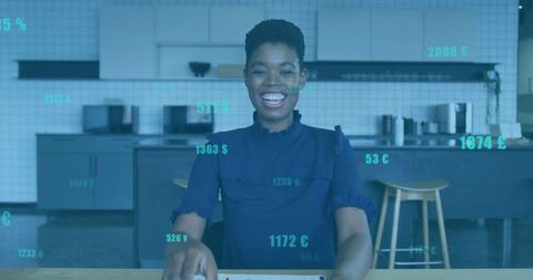 Smiling Professional Woman In Office Break Room With Financial Overlay