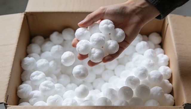 Hand holding white polystyrene foam packing balls over cardboard box for shipping