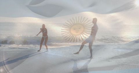 Beach couple enjoying serenity with argentinian emblem