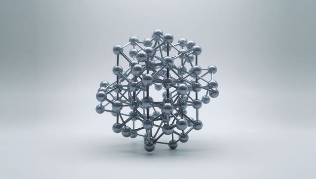 Reflective chrome molecular lattice sculpture glossy geometric network of spheres
