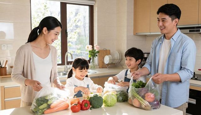 Family unpacking fresh vegetables together on bright kitchen island for meal prep
