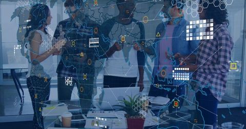 Global data team brainstorming over interactive world map and digital interface