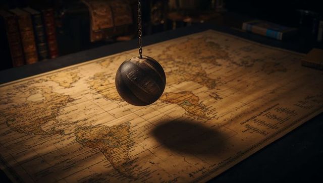 Moody vintage wooden sphere hanging over antique world map casting shadow study decor