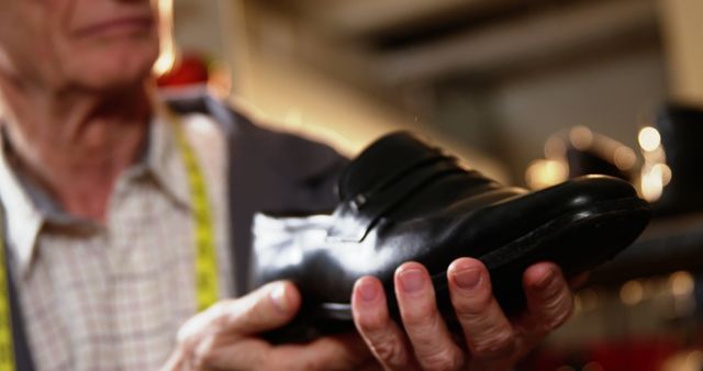 Senior shoemaker holding carefully handcrafted leather shoe. Their experienced eyes are inspecting the quality and detail of the stitching, showcasing dedication to craftsmanship. Perfect for use in content featuring traditional skills, craftsmanship, small businesses, artisan trades, or the significance of handmade products.