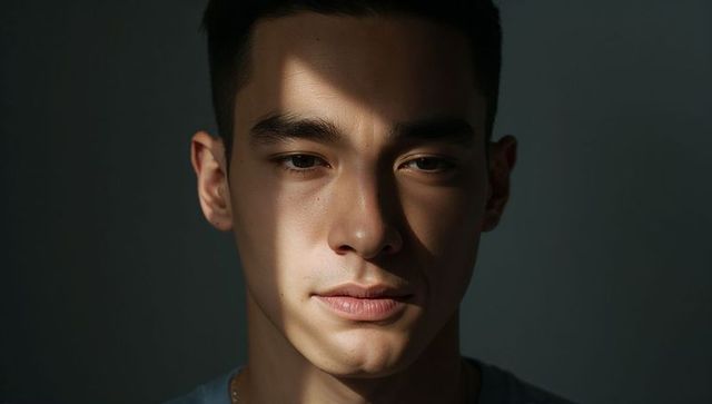 Asian man posing with moody chiaroscuro lighting, thoughtful dramatic headshot