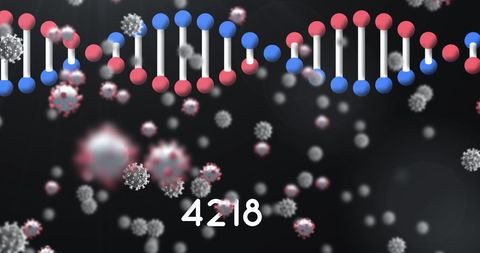 Digital virus cells with dna strand on dark background