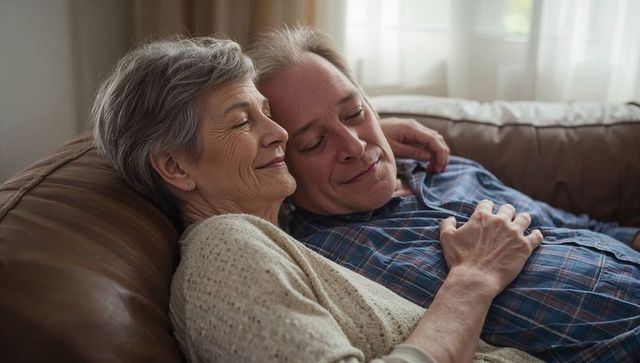 Senior couple relaxing on couch sharing tender embrace and quiet companionship at home