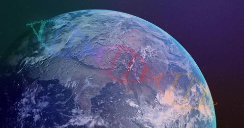 Planet earth glowing with holographic dna helix overlay, cosmic data visualization