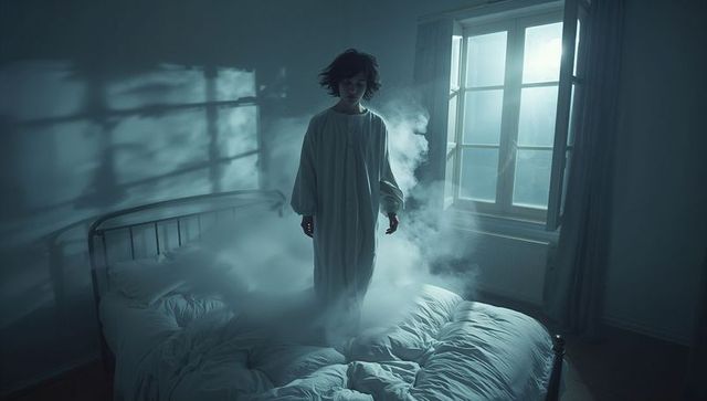 Surreal nocturnal scene with levitating teen in mystical atmosphere