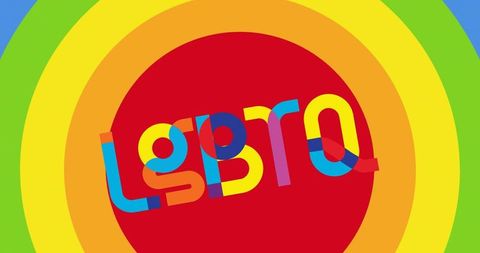 Vibrant rainbow-lettered lgbtq acronym with concentric rings flat graphic for pride