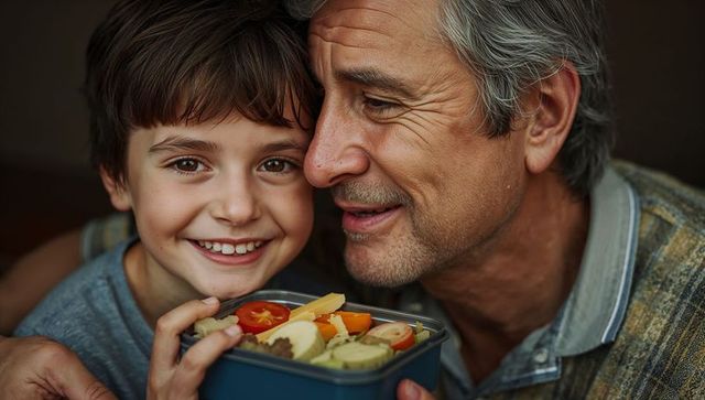 Grandson smiling while holding lunchbox, grandpa leaning close showing warm family bond