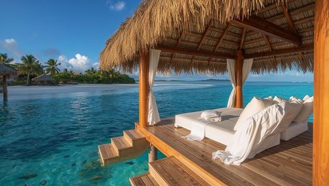 Overwater thatched palapa with luxurious daybed overlooking turquoise lagoon and beach