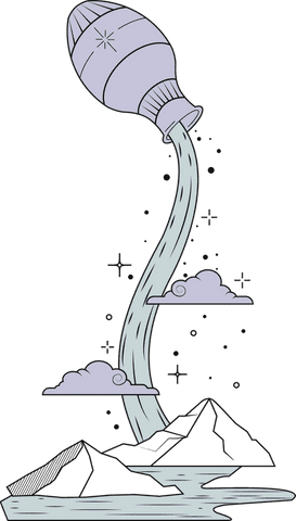 Transparent jug pouring water over mountains with clouds and stars