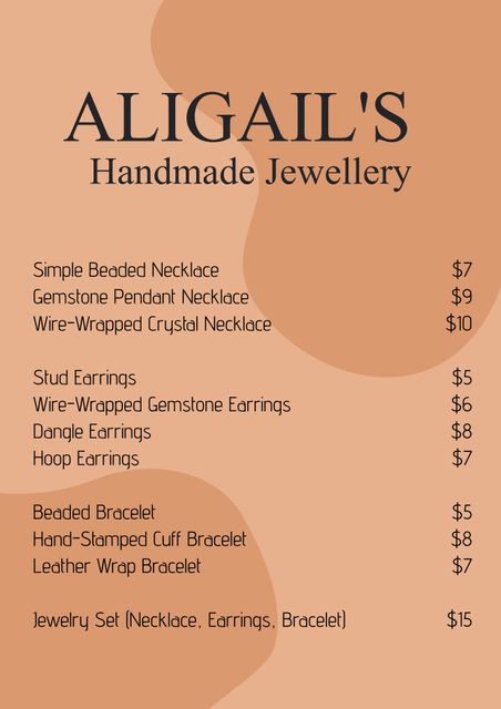This composition shows a detailed price list for handmade jewellery on an orange background. The prices and items are clearly listed, making it ideal for small business promotions on social media, websites, or printed materials. This format can effectively communicate product offerings and prices to customers in a visually appealing manner.