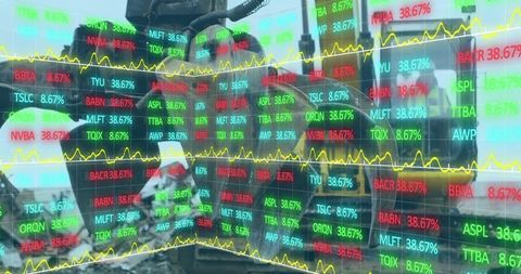 Construction Site Teamwork with Stock Market Analytics Overlay