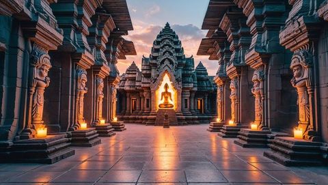 Illuminated Buddha Statue at Twilight in Ancient Temple Corridor
