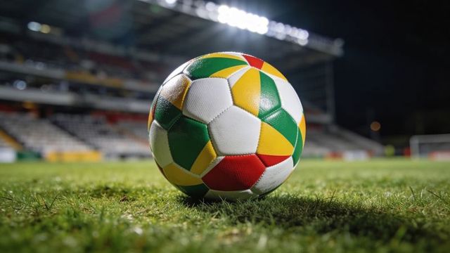 Resting multicolored soccer ball under stadium floodlights at night with blurred stands
