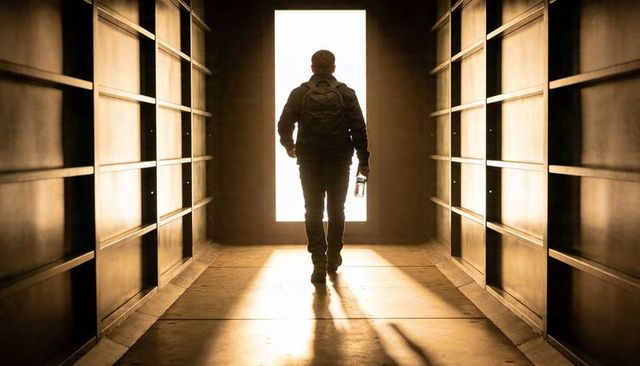 Backlit silhouette walking toward bright exit in narrow corridor with backpack and bottle