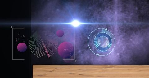 Futuristic Interface with Magenta Spheres and Nebula Background