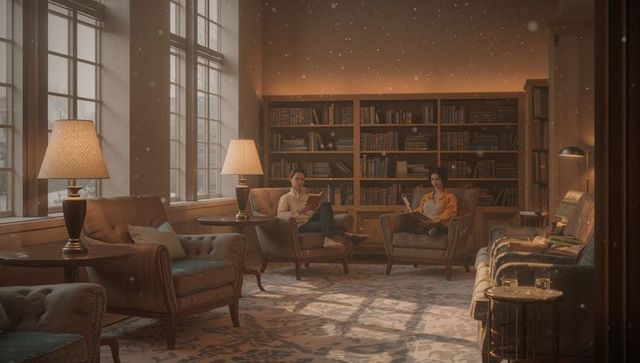 Cozy library lounge with two women reading by warm lamps and floor-to-ceiling bookshelves