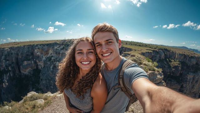 Smiling young couple taking cliff-edge selfie during canyon hike with backpacks and sunny panorama