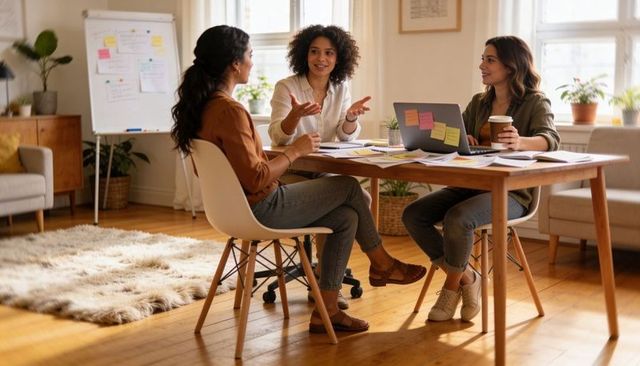 Women Collaborating Around Sunlit Desk for Creative Brainstorming and Remote Work