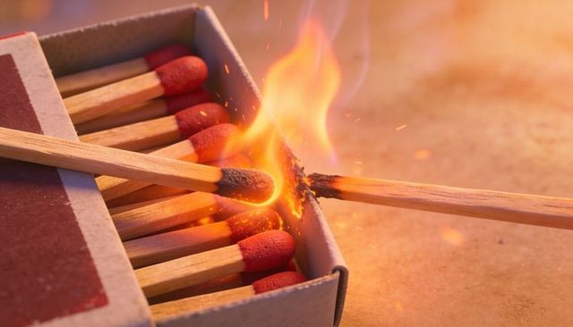 Macro Igniting Wooden Match Striking Matchbox, Flaming Sparks and Glowing Ember Detail