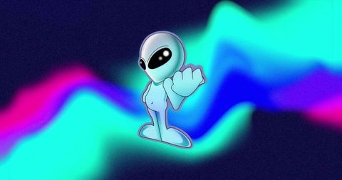 Stylized alien floating in neon waves digital art