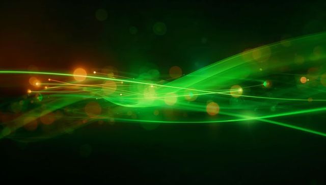 Glowing green light ribbons flowing across dark abstract background with neon bokeh