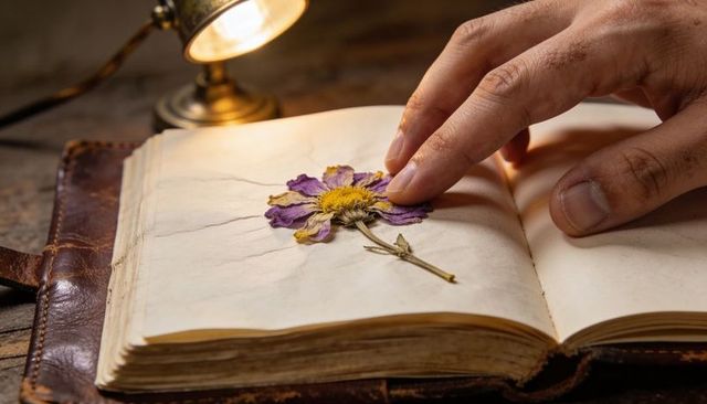 Hand touching pressed purple flower on vintage leather journal under warm brass lamp