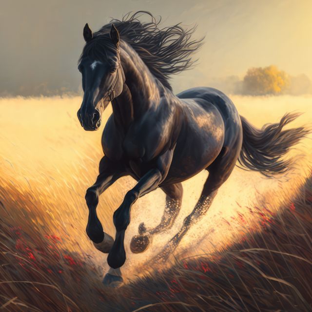Black horse galloping through a golden field at sunset with its mane flowing in the wind. Ideal for use in themes related to nature, freedom, and dynamics of animal power. Perfect for campaigns highlighting outdoor activities, equine beauty, and pastoral landscapes.