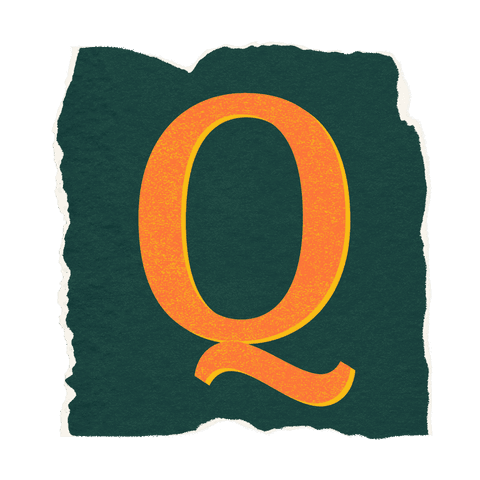 Transparent Bold Letter Q on Torn Green Paper with Yellow Shadow