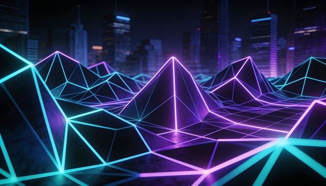 Neon wireframe terrain with central pyramid in cyber night cityscape - futuristic grid vfx