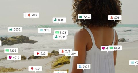 Woman on Beach Surrounded by Social Media Notifications