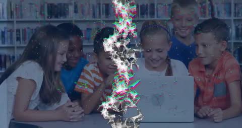 Children Engaged with Laptop While Digital Glitch Descends in Library Video