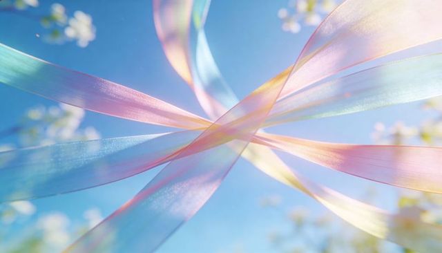 Twisting iridescent pastel ribbons catching sunlight against blossom bokeh