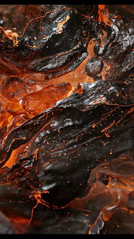 Vertical molten flow video showing glossy crust revealing glowing orange lava veins and sparks