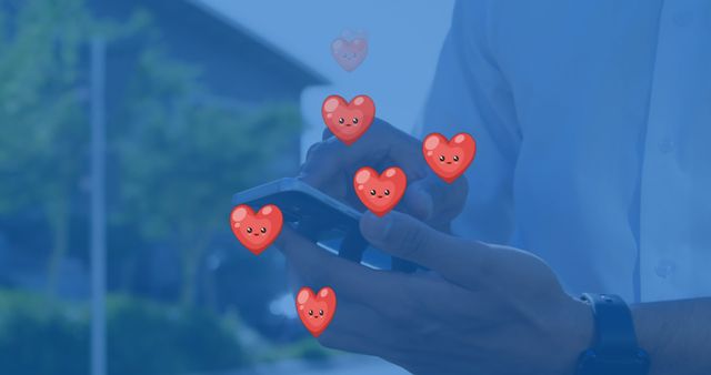 Person Messaging with Floating Heart Icons in Light Blue Filter - Download Free Stock Images Pikwizard.com