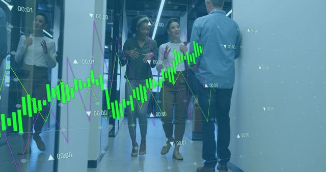 Business Team Walking Through Office Hall with Financial Data Overlay - Download Free Stock Images Pikwizard.com