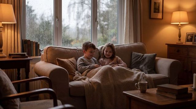 Two children reading on sofa during rainy evening, cozy blanket and warm lamp light, home comfort