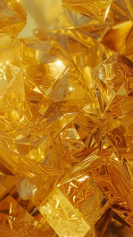 Rotating Golden Crystal Cluster Vertical Loop, Metallic Faceted Prism with Shifting Light