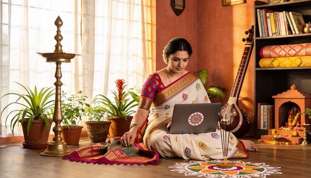 Working woman in cream saree creating rangoli while using laptop in home prayer corner