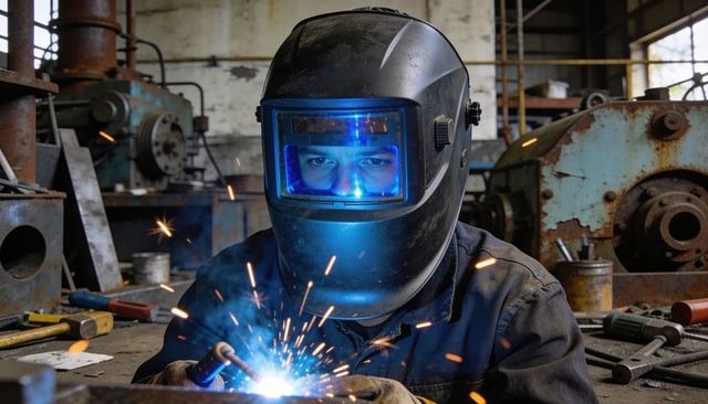 Industrial welder welding at workbench wearing blue-tinted helmet with flying sparks