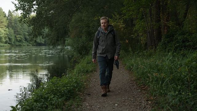 Solo hiker walking riverside trail with backpack and binoculars in calm forest
