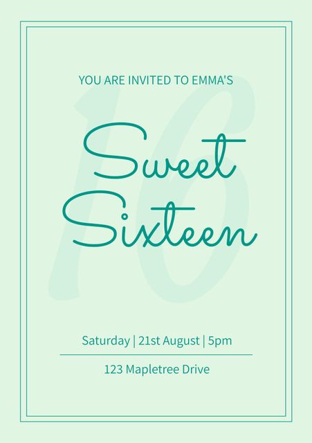 Elegant sweet sixteen invitation template with mint green background and stylized text. Perfect for birthdays, quinceañeras, or debutante balls. Easy to edit for your celebration events. Ideal for sending digital invites or printing directly.