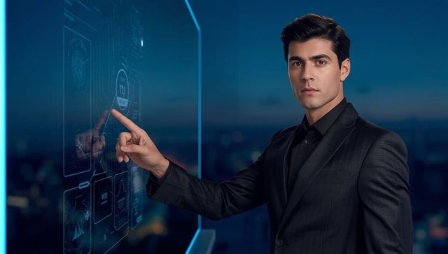 Executive Utilizing Holographic Display in Office Setting