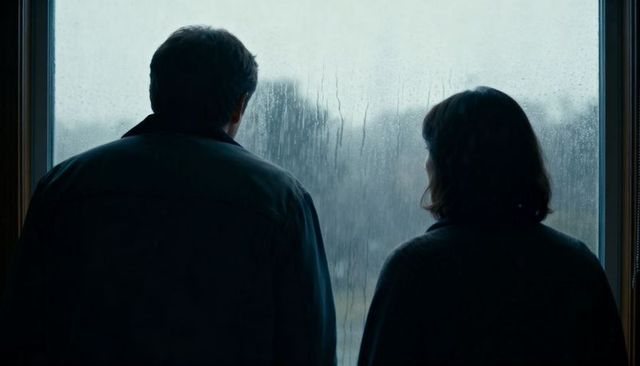 Couple gazing through rain-streaked window, contemplative indoor moment, moody silhouettes