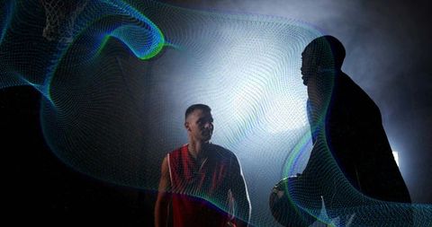 Futuristic basketball showdown in steamy studio with digital effects