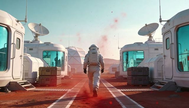 Astronaut walking through mars outpost leaving red dust trail between habitat modules