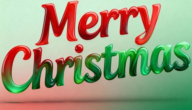 3D Merry Christmas Lettering Glowing Red and Green on Reflective Studio Floor
